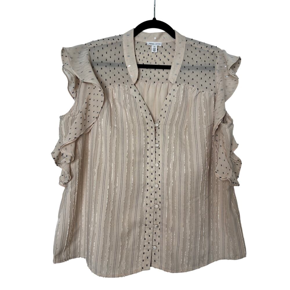 Tribal Jeans Sheer Ruffle Sleeve Blouse Beige Dot Stripe Women’s Size Large
